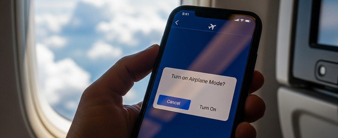 La mano de un pasajero sostiene un teléfono móvil junto a la ventanilla del avión, con la notificación de 'Modo Avión' activado en la pantalla.