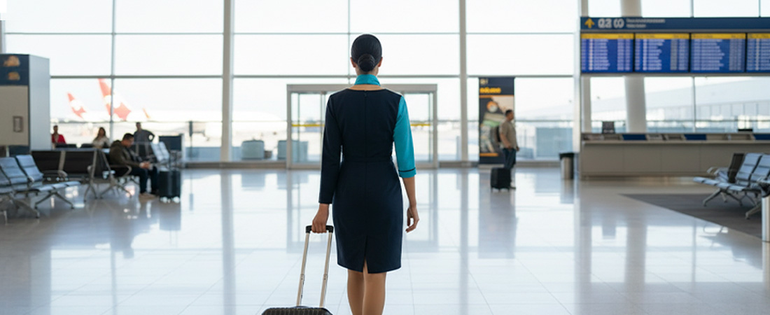 na azafata (TCP) de espaldas, con uniforme, mira a través de la gran ventana de una terminal de aeropuerto hacia la pista.