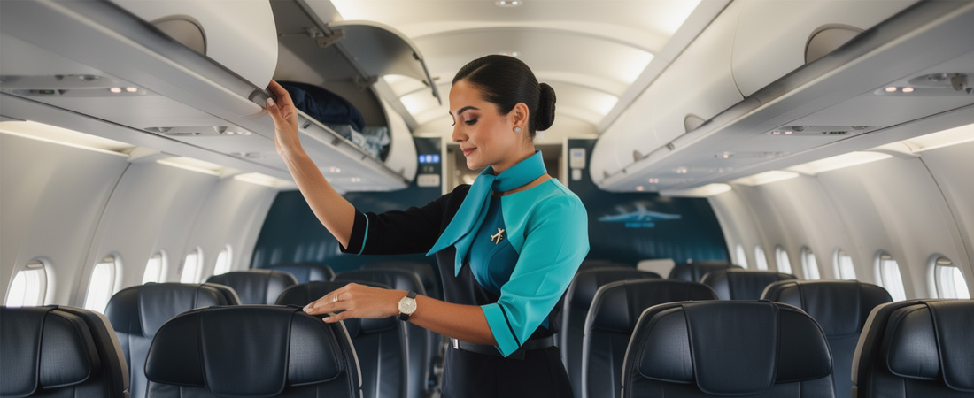Una asistente de vuelo con uniforme revisa los compartimentos superiores de equipaje en la cabina de un avión.